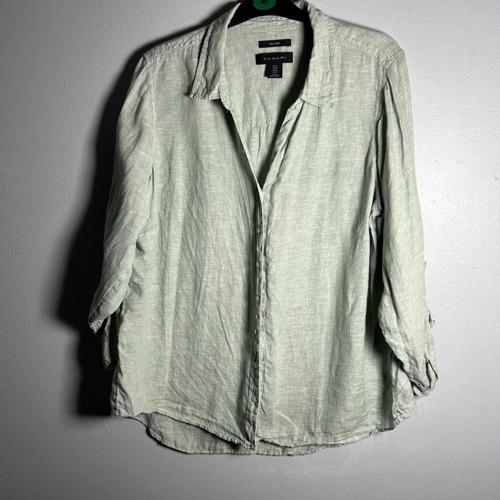 Tahari Women's Linen Button Down Shirt Light‎ Green Size 1X Relaxed Fit